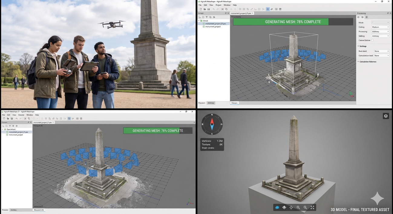 Produção de um gémeo digital 3D (fotogrametria) de monumentos históricos e artefactos arqueológicos